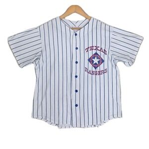 Vtg Texas Rangers Off The Bench Pinstripe Baseball Jersey Mens L White Blue